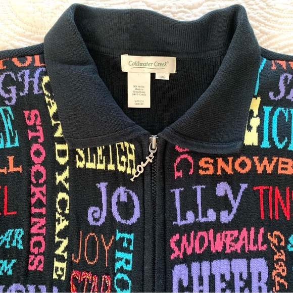 Coldwater Creek Cardigan Sweater Black Christmas 100% Cotton Spell Out Holiday L - Picture 4 of 12